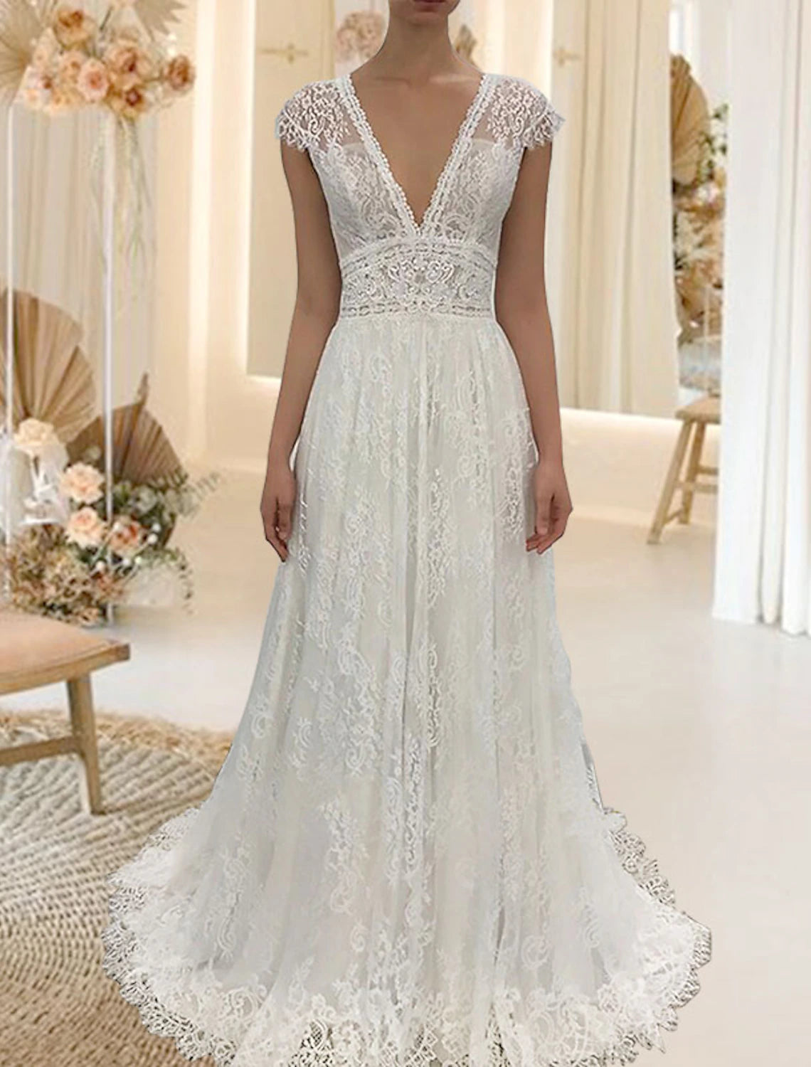 Wholesa Beach Open Back Wedding Dresses A-Line V Neck Cap Sleeve Sweep / Brush Train Lace Bridal Gowns With Appliques