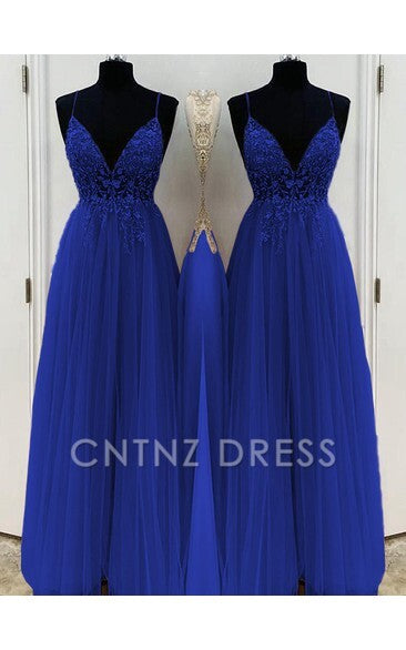 Wholesa A-Line/Elegant Spaghetti Straps Sleeveless Beading Tulle Floor-Length formal dresses Bridesmaid Dresses evening gown Prom Dress With Split