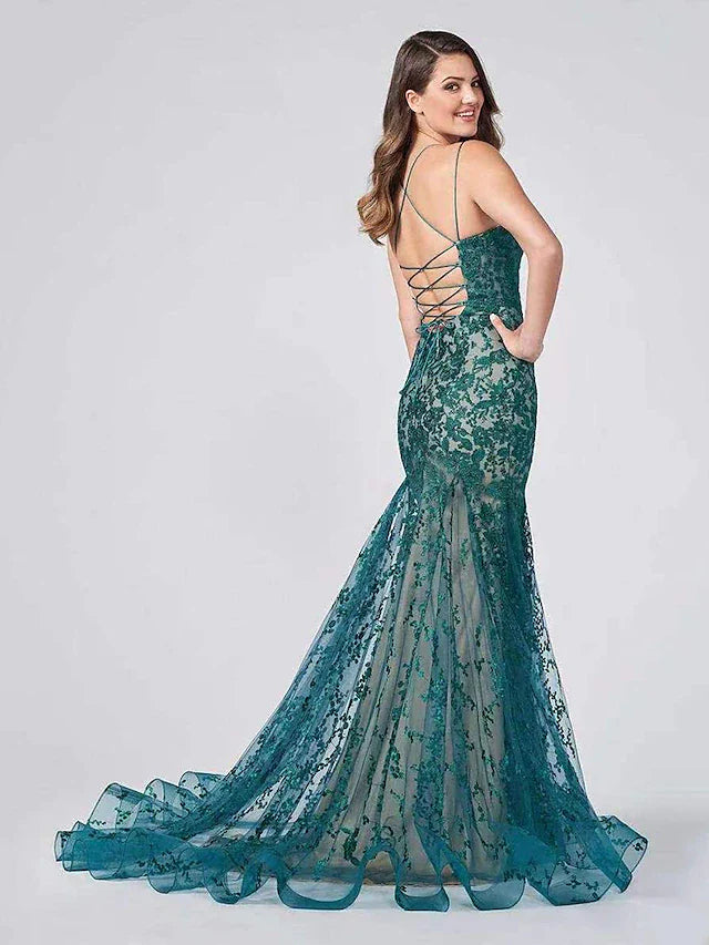 Wholesa Mermaid / Trumpet Evening Gown Color Block Dress Formal Court Train Sleeveless Spaghetti Strap Lace Backless with Appliques