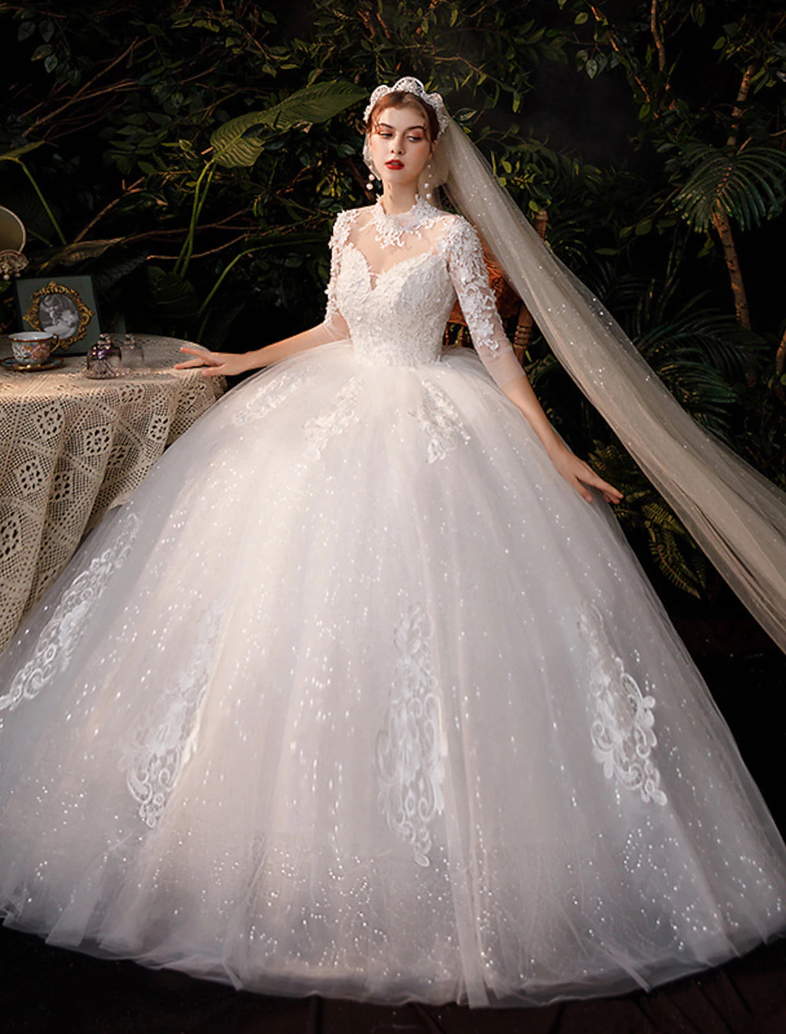 wholesale  Reception Wedding Dresses Ball Gown High Neck Half Sleeve Floor Length Lace Bridal Gowns With Appliques