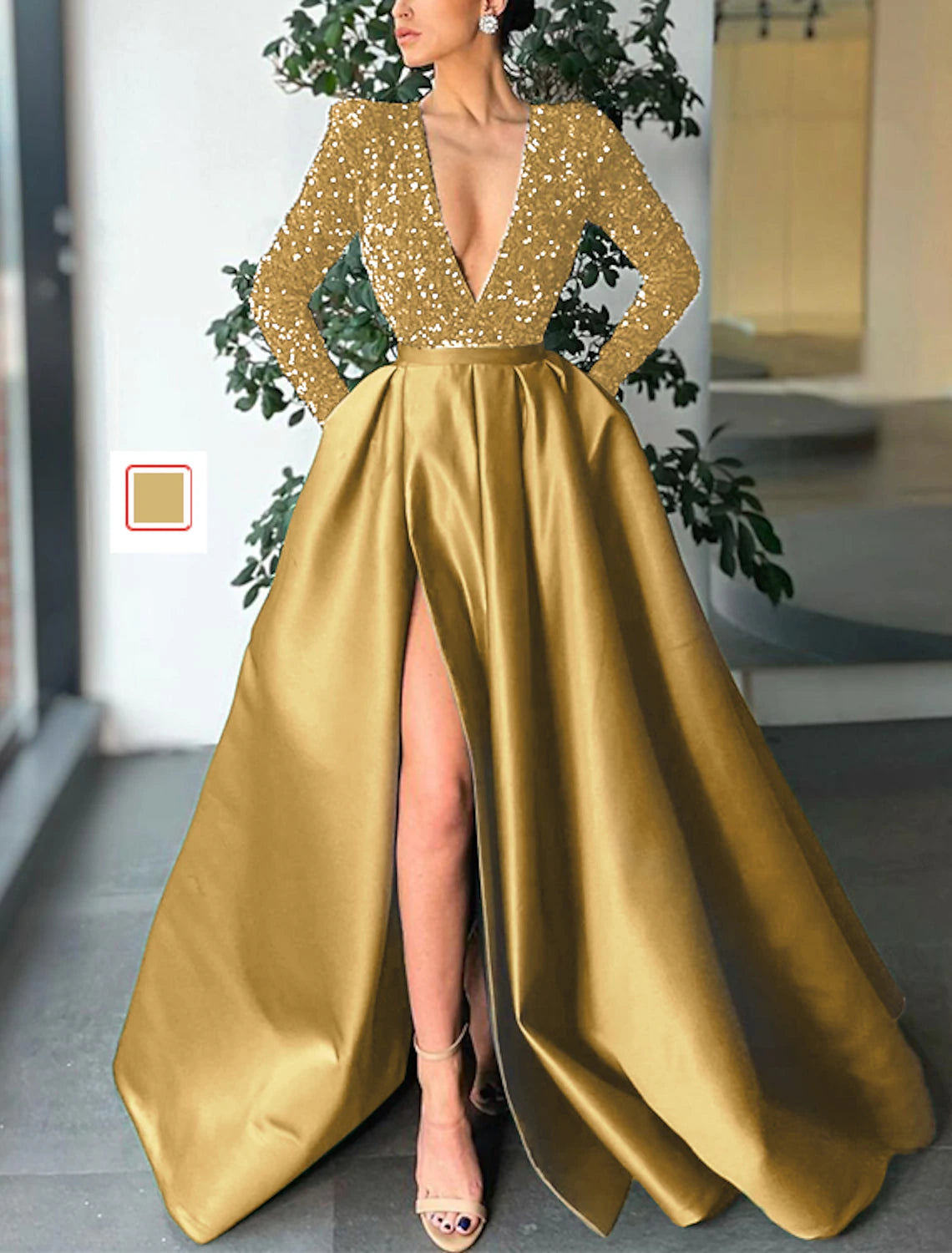 wholesale   Ball Gown Evening Black Dress Sparkle & Shine Dress Wedding Party Birthday Floor Length Long Sleeve V Neck Pocket Satin with Sequin Pocket