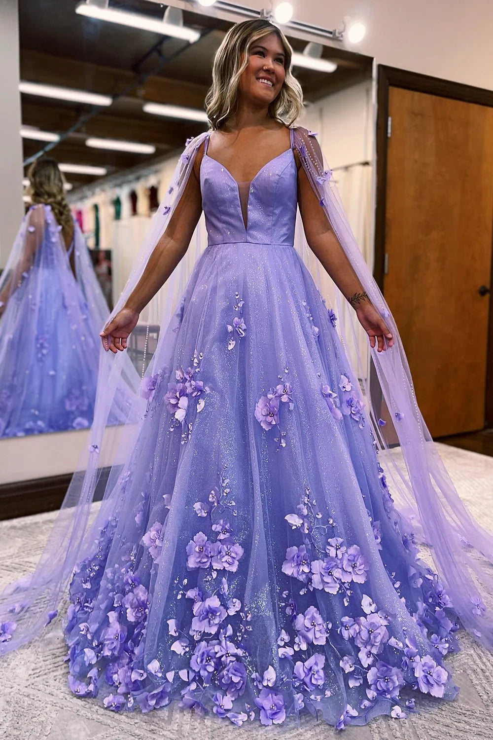 Wholesa A-Line Glitter Long Prom Dress with 3D Flowers