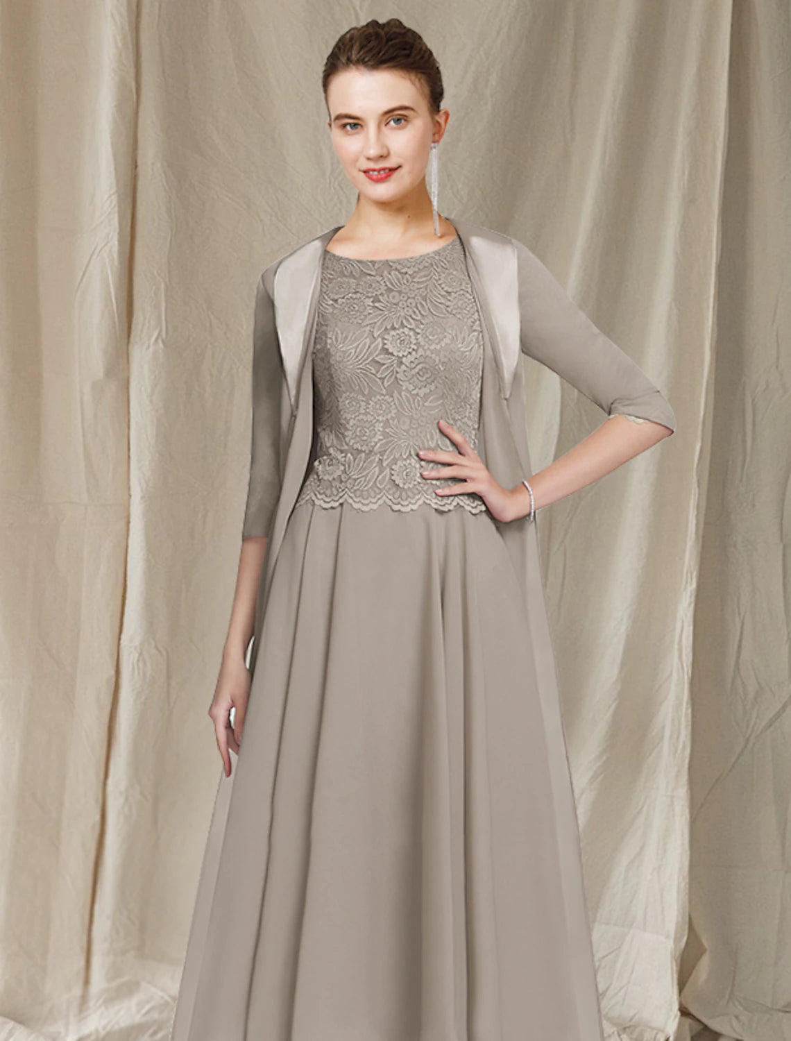 wholesale  Two Piece A-Line Mother of the Bride Dress Church Elegant Jewel Neck Tea Length Chiffon Lace Half Sleeve Jacket Dresses with Appliques