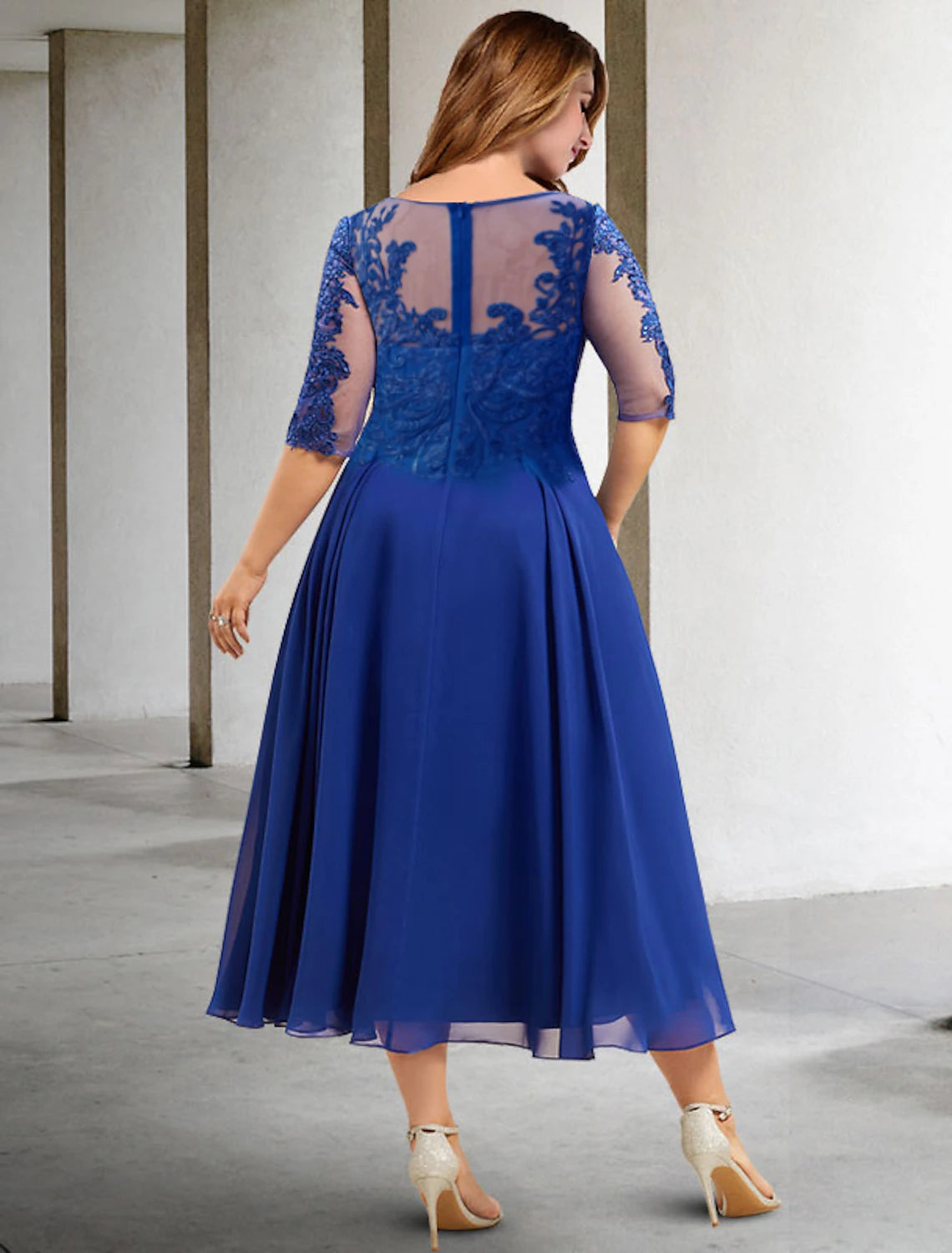 Wholesa A-Line Plus Size Curve Mother of the Bride Dresses Elegant Dress Formal Wedding Guest Tea Length Half Sleeve Jewel Neck Chiffon with Pleats Sequin Appliques