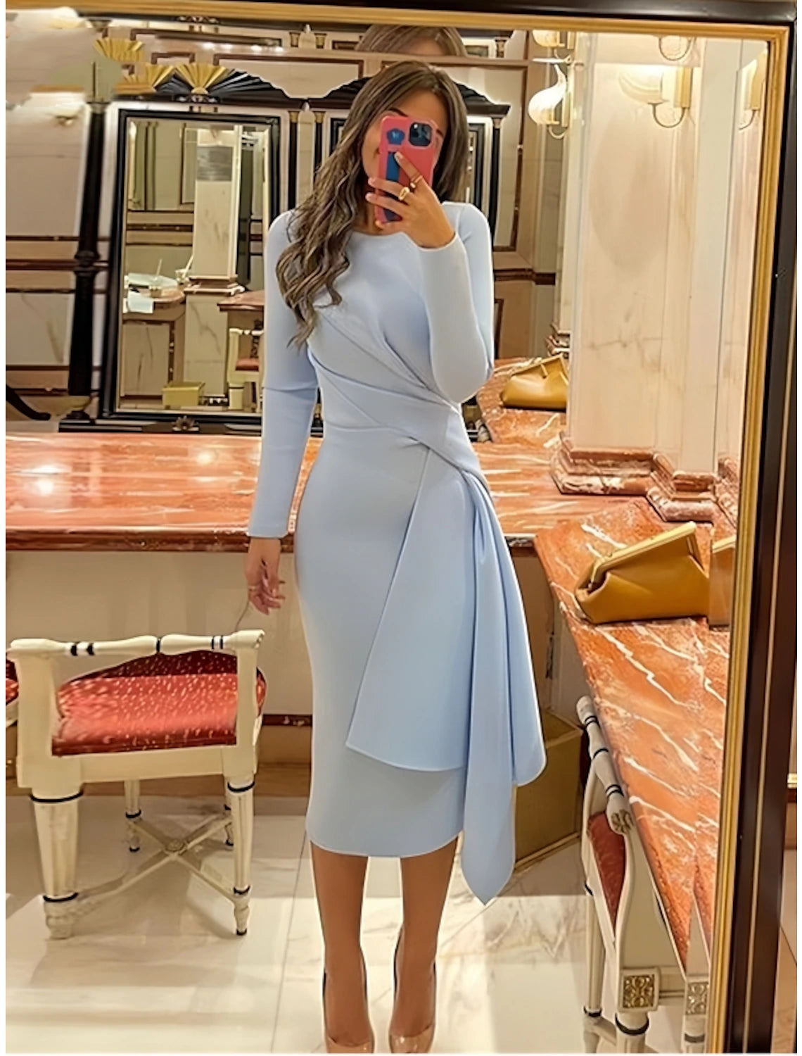 Wholesa  Sheath Formal Dress Cocktail Dresses Elegant Christmas Red Green Dress Formal Fall Knee Length Long Sleeve Jewel Neck Stretch Fabric with Pleats Ruched