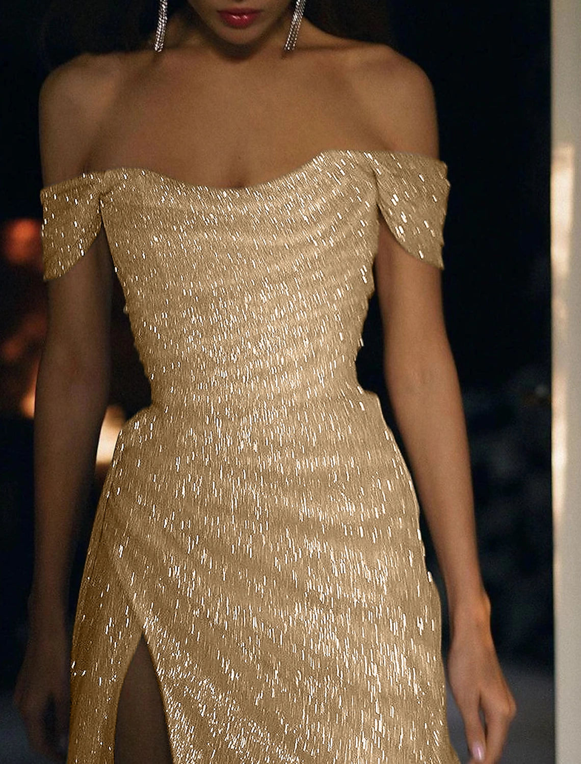 Wholesa  Mermaid / Trumpet Evening Gown Sparkle & Shine Dress Wedding Guest Prom Sweep / Brush Train Short Sleeve Off Shoulder Fall Wedding Reception Satin with Slit