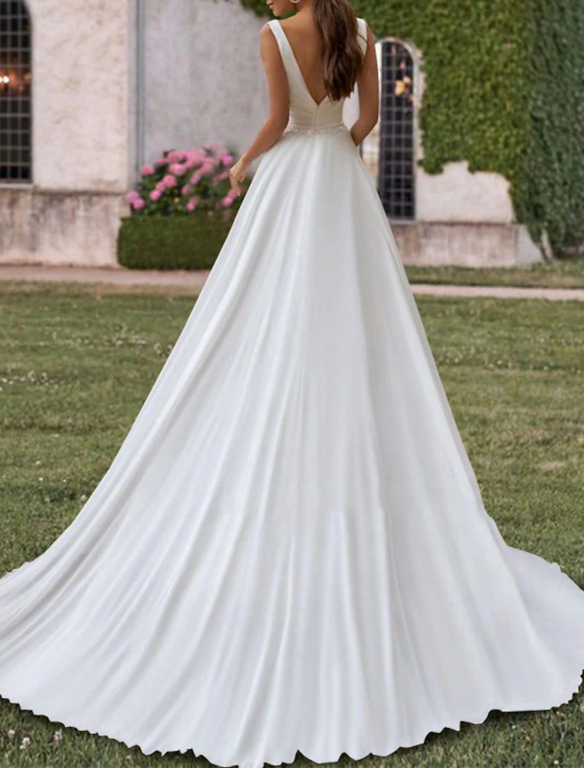 Wholesa Hall Simple Wedding Dresses A-Line V Neck Sleeveless Sweep / Brush Train Chiffon Bridal Gowns With Pleats Pearls
