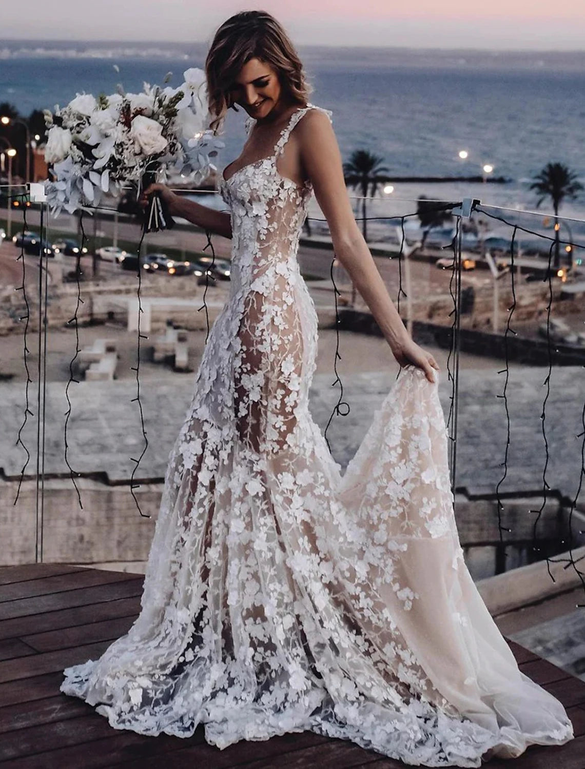 wholesale  Beach Sexy Boho Wedding Dresses Mermaid / Trumpet Sweetheart Regular Straps Court Train Lace Bridal Gowns With Appliques Summer Fall Wedding Party