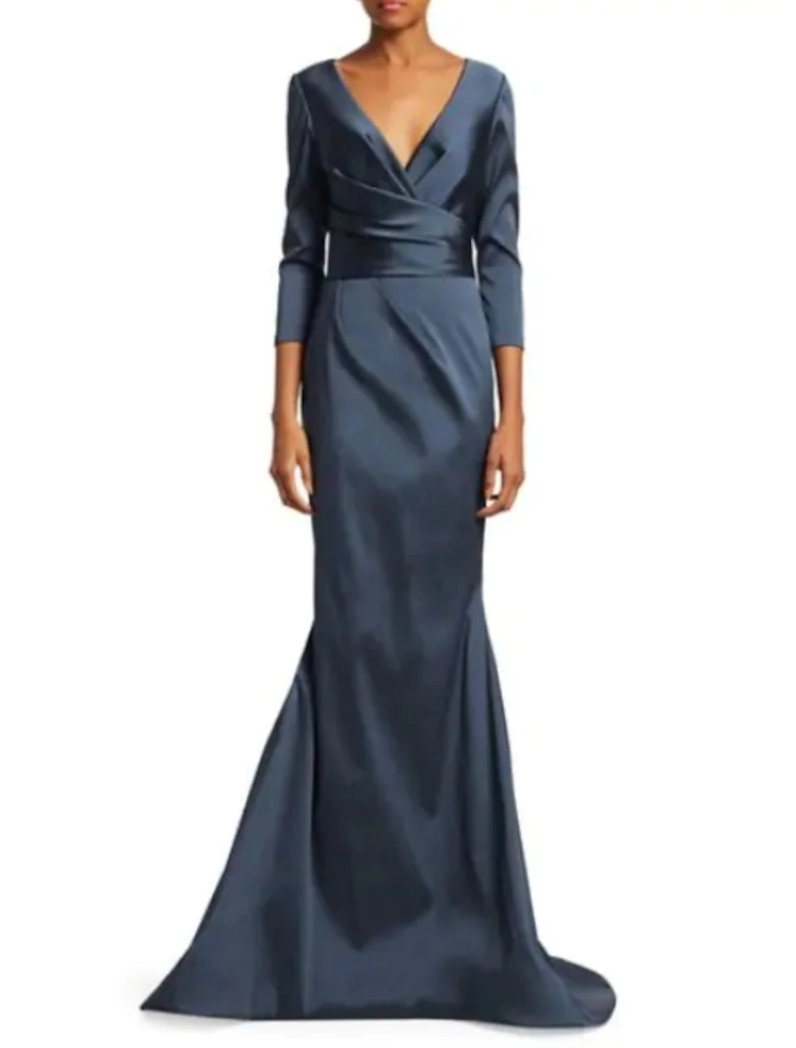 Wholesa Mermaid / Trumpet Mother of the Bride Dress Elegant Plunging Neck Sweep / Brush Train Satin 3/4 Length Sleeve with Ruching