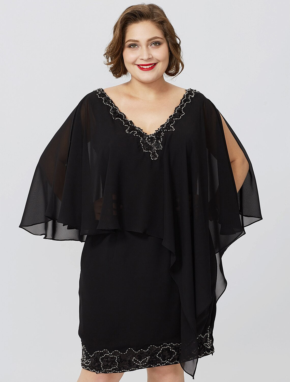 wholesale  Sheath / Column Mother of the Bride Dress Formal Classic & Timeless Elegant & Luxurious Plus Size V Neck Knee Length Chiffon Sleeveless No with Crystals Beading