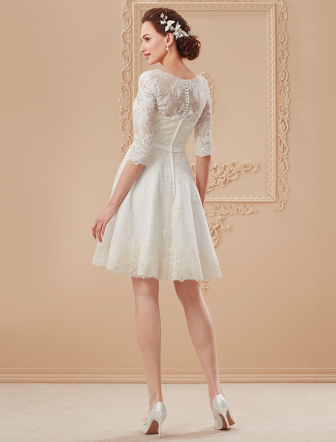wholesale  Reception Little White Dresses Wedding Dresses A-Line V Neck Half Sleeve Knee Length Lace Bridal Gowns With Bowknot Sash / Ribbon