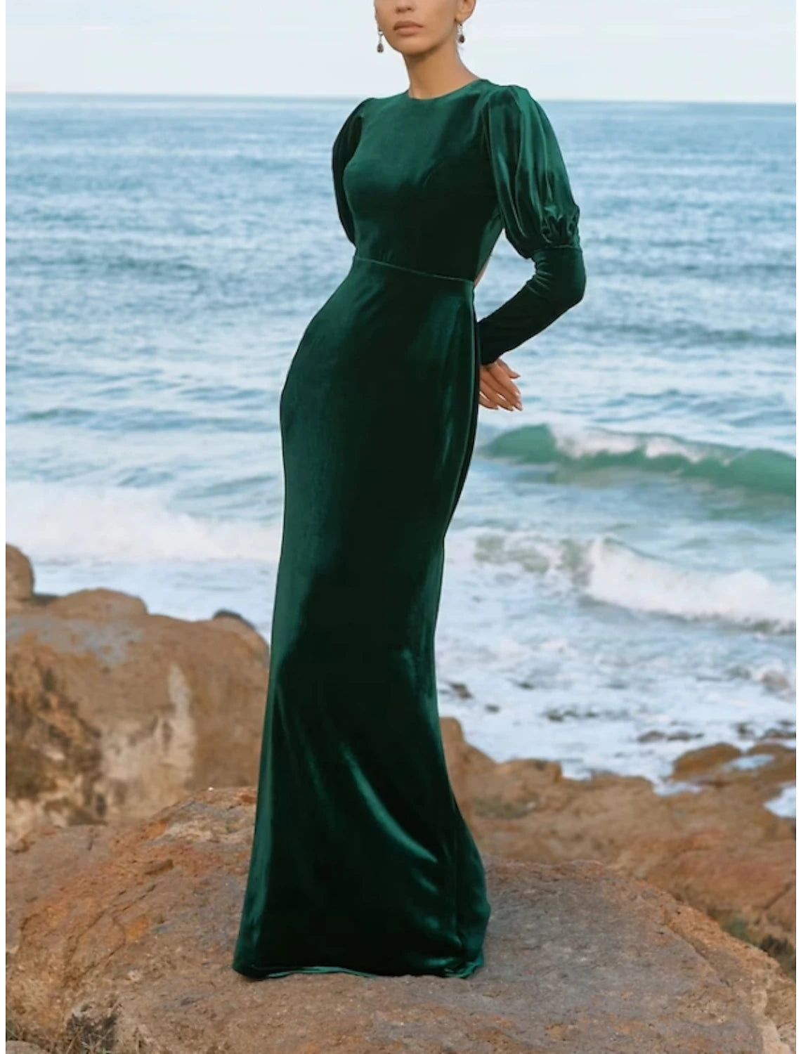 Wholesa A-Line Evening Gown Elegant Dress Formal Fall Floor Length Long Sleeve Jewel Neck Velvet with Ruched