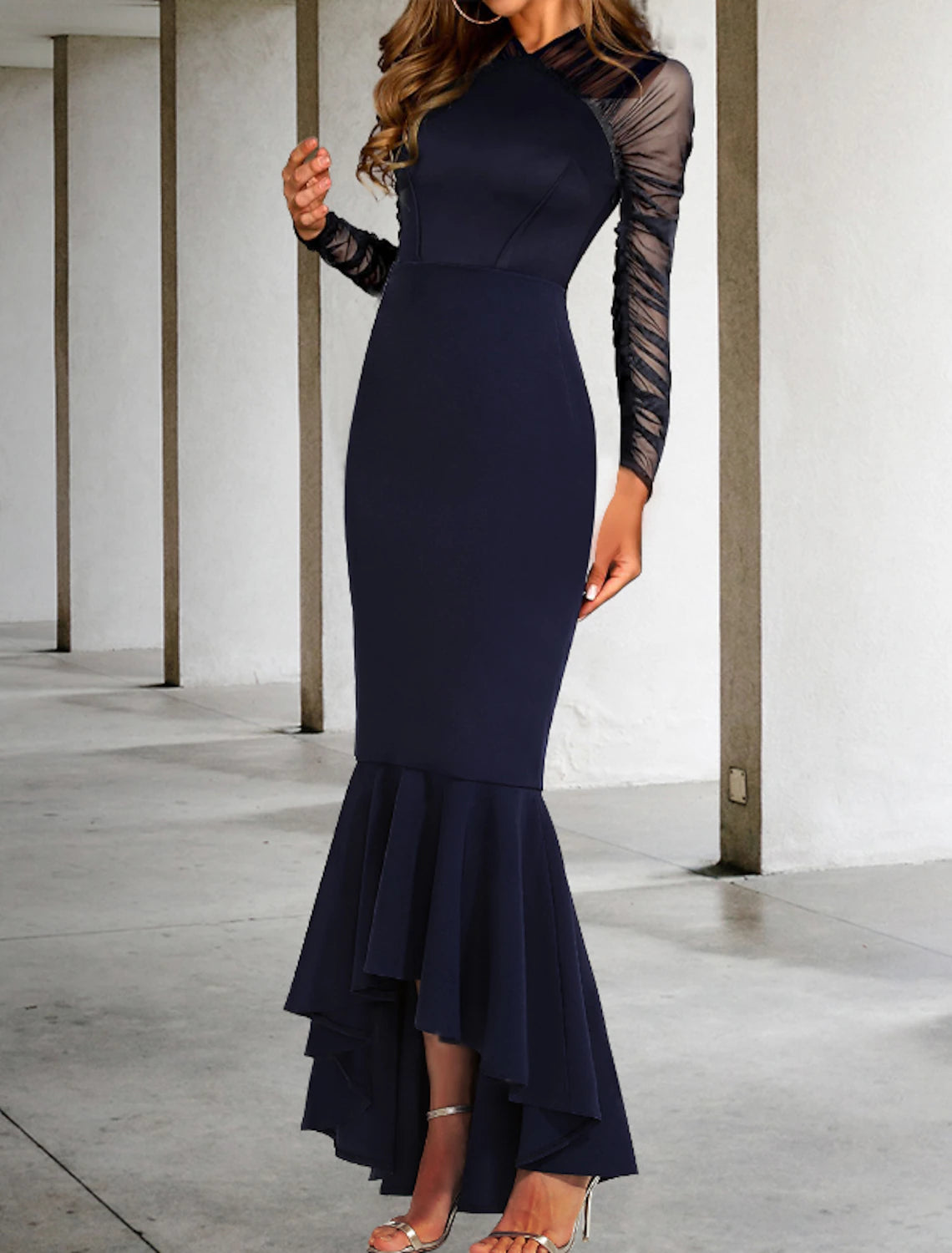 Wholesa Mermaid / Trumpet Prom Dresses Elegant Dress Formal Wedding Guest Asymmetrical Long Sleeve V Neck Stretch Fabric with Ruched Ruffles