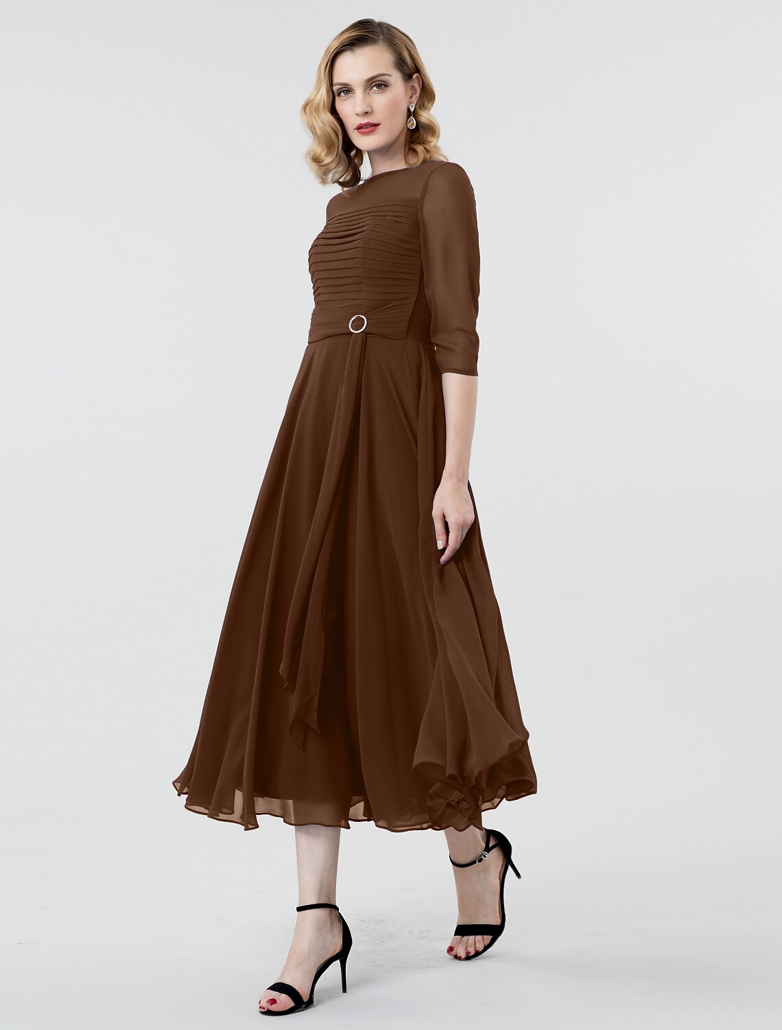 Wholesa A-Line Elegant Formal Evening Wedding Party Dress Boat Neck 3/4 Length Sleeve Tea Length Georgette with Ruched Crystal Brooch 2022 / Illusion Sleeve