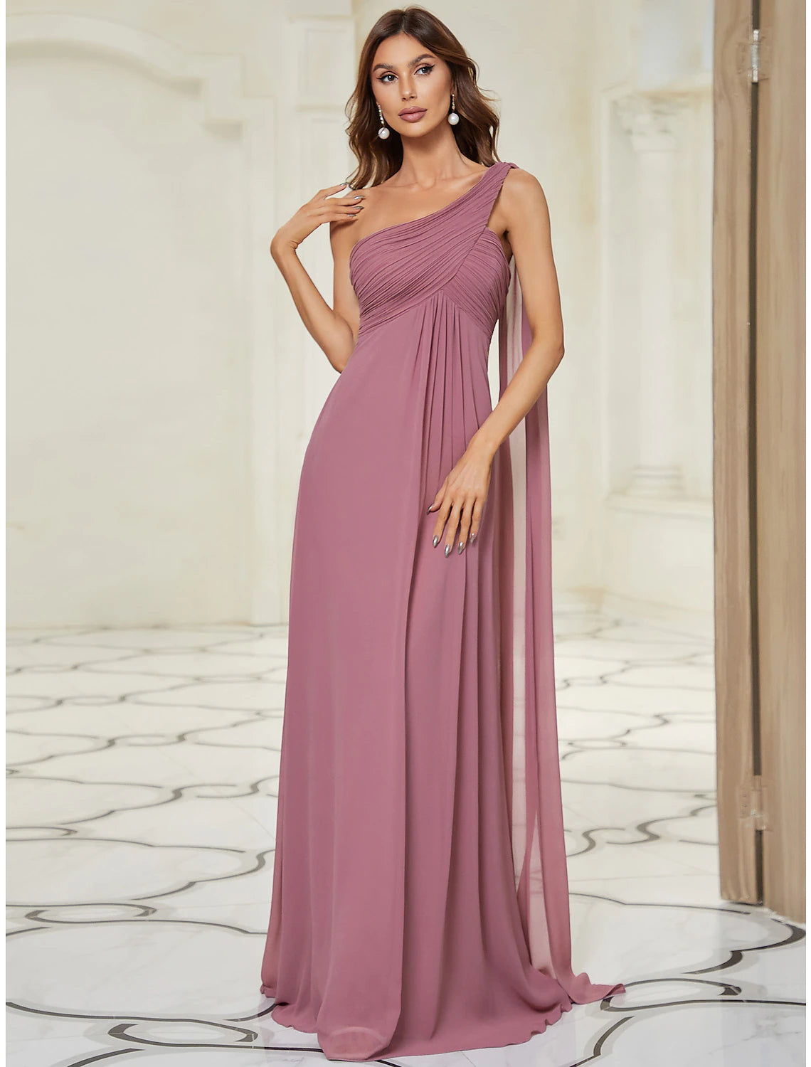 Wholesa  A-Line Evening Gown Empire Dress Wedding Guest Formal Evening Floor Length Sleeveless One Shoulder Bridesmaid Dress Chiffon Backless with Pleats Draping