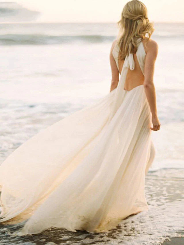Wholesa Beach Open Back Boho Wedding Dresses Court Train A-Line Sleeveless Halter Chiffon With Solid Color