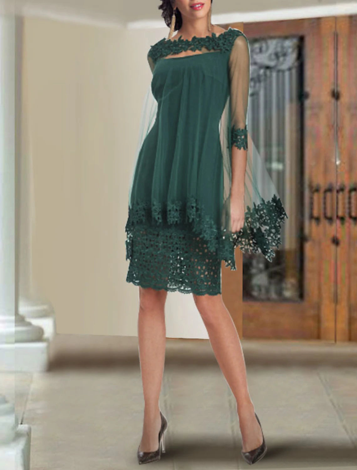 wholesale  Two Piece Sheath / Column Mother of the Bride Dress Elegant Wrap Included Square Neck Knee Length Chiffon Lace Half Sleeve with Appliques