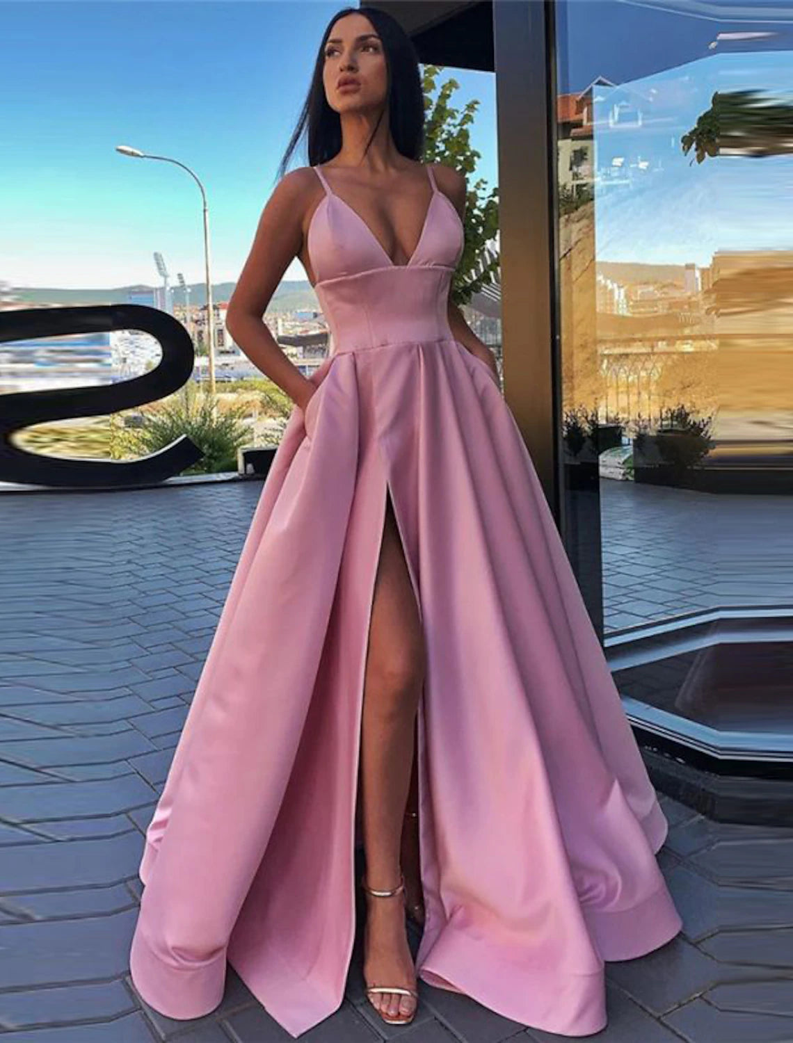 wholesale  A-Line Black Dress Prom Dress High Split Evening Dress Formal Birthday Summer Dress Spaghetti Strap Sleeveless Sweep / Brush Train Satin with Pleats Split Front