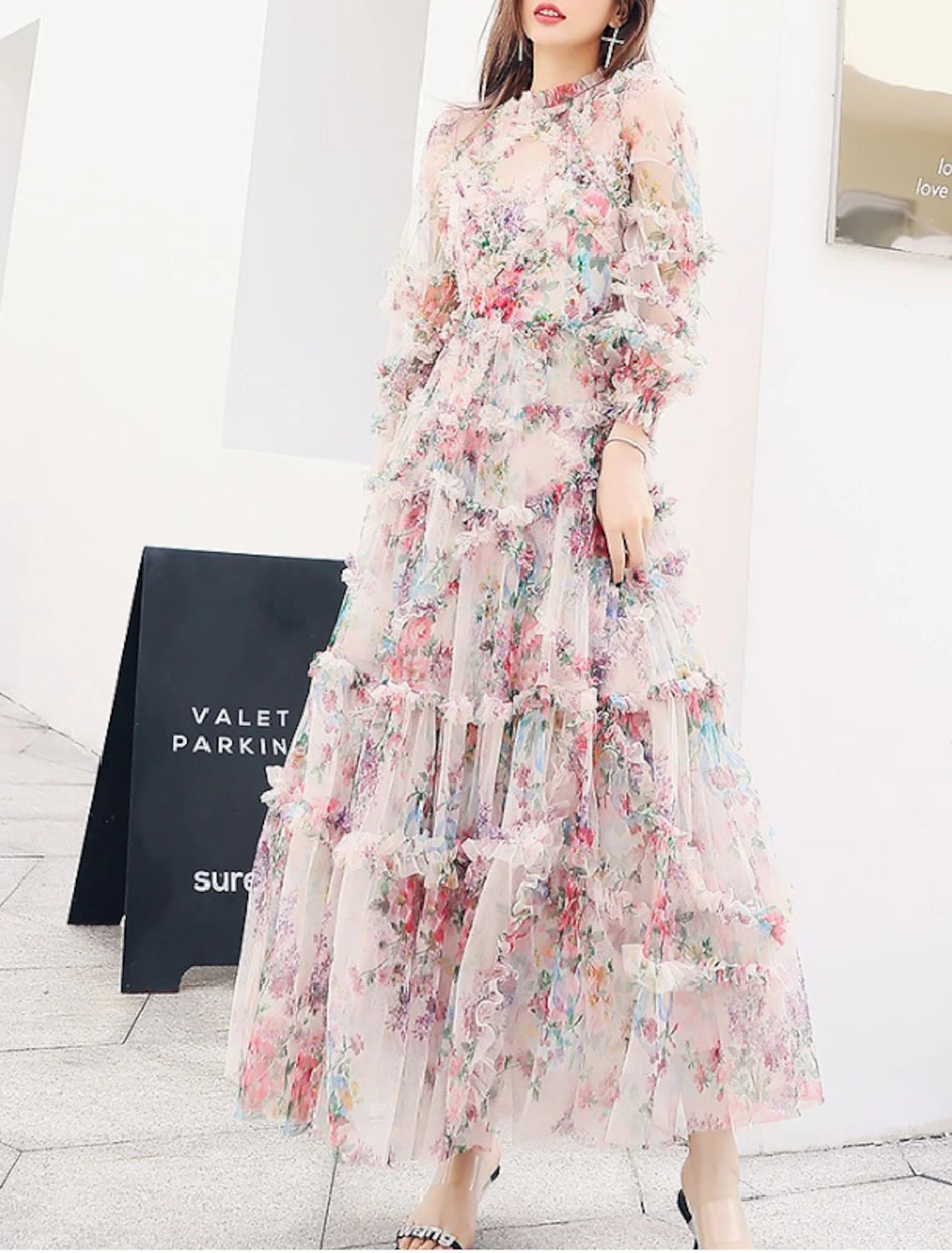 Wholesa A-Line Prom Dresses Floral Dress Wedding Guest Engagement Ankle Length Long Sleeve Jewel Neck Polyester with Ruffles Pattern / Print