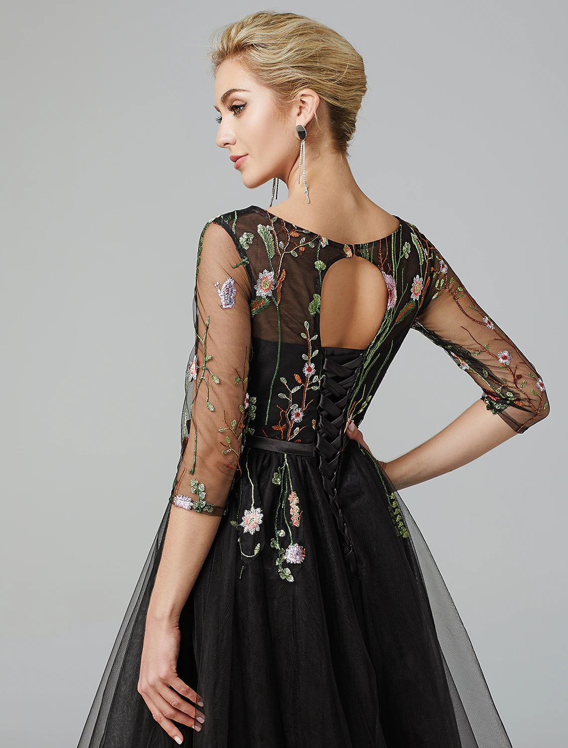 wholesale  A-Line Black Dress Vintage Wedding Guest Cocktail Party Knee Length Long Sleeve Illusion Neck Wednesday Addams Family Tulle with Embroidery Appliques