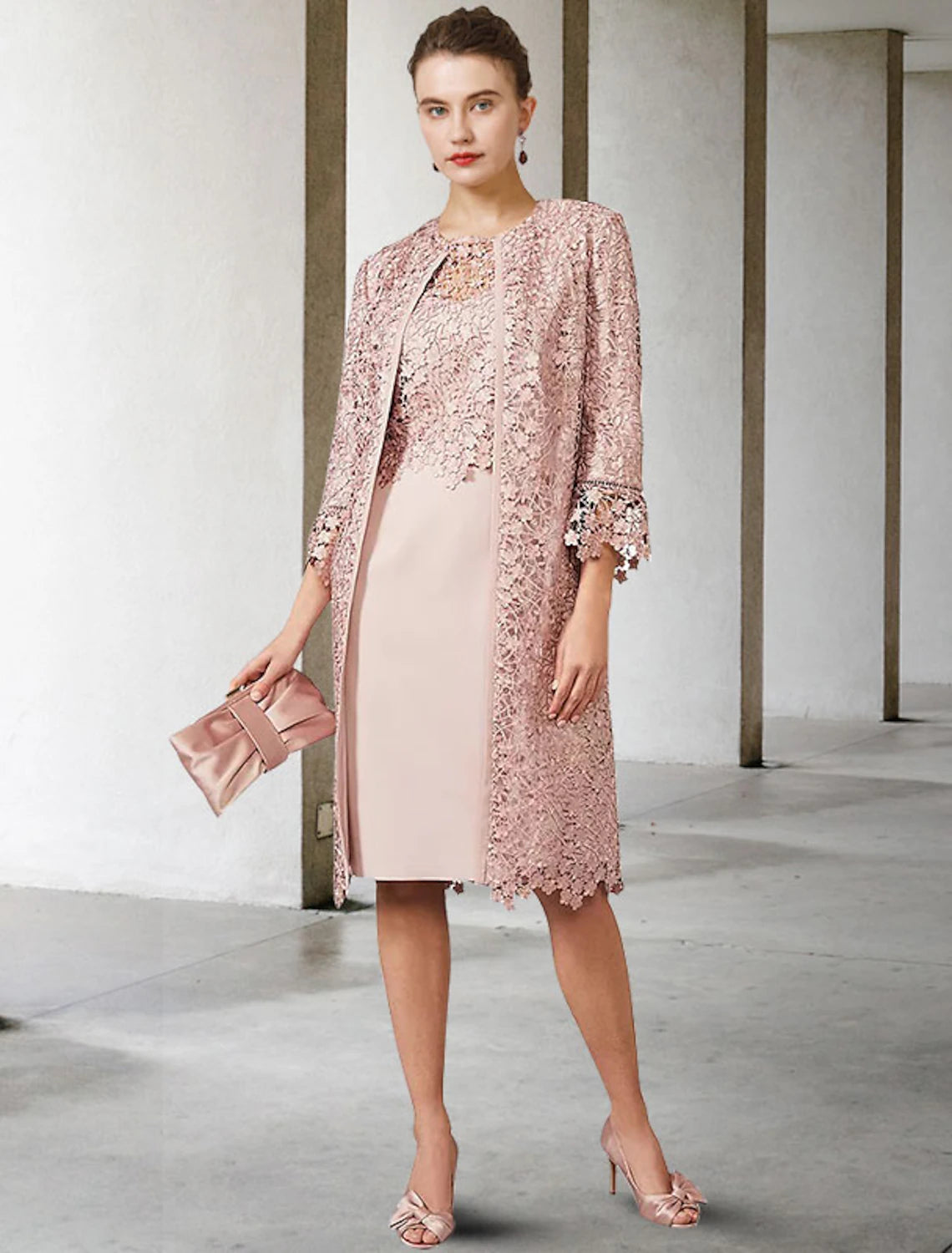 wholesale   Two Piece Sheath / Column Mother of the Bride Dress Church Elegant Jewel Neck Knee Length Chiffon Lace Short Sleeve Jacket Dresses with Appliques