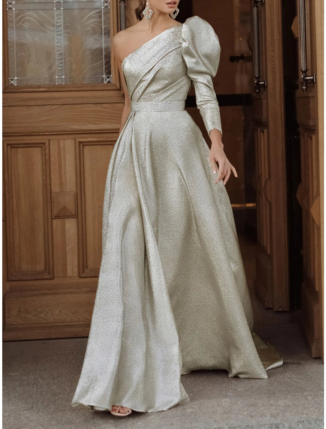 Wholesa A-Line Evening Gown Elegant Dress Formal Wedding Guest Floor Length Long Sleeve One Shoulder Sequined with Pleats