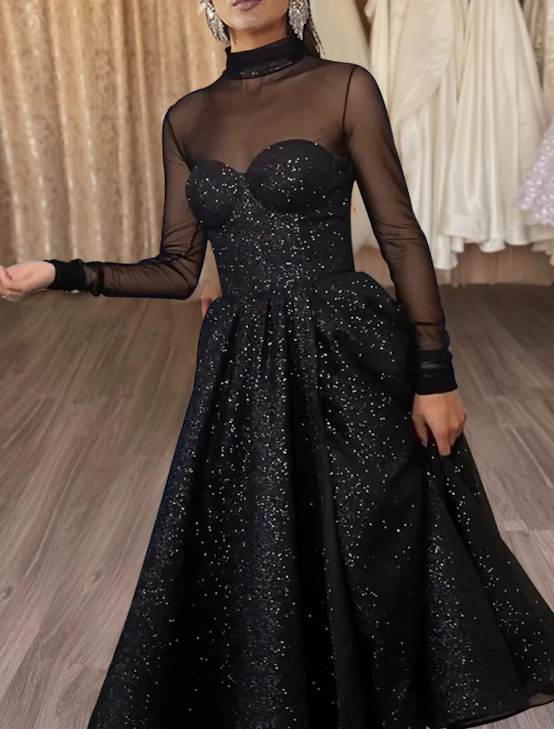 Wholesa  A-Line Cocktail Dresses Sparkle & Shine Dress Wedding Guest Party Wear Tea Length Long Sleeve High Neck Wednesday Addams Family Tulle with Glitter Slit