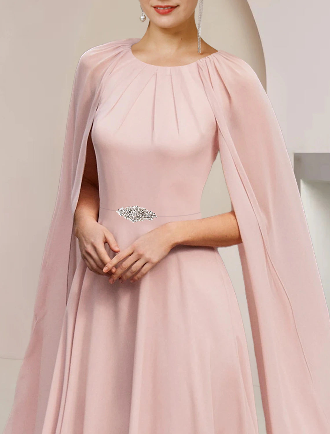 wholesale  A-Line Mother of the Bride Dress Wedding Guest Party Elegant Scoop Neck Tea Length Chiffon Sleeveless with Pleats Crystal Brooch