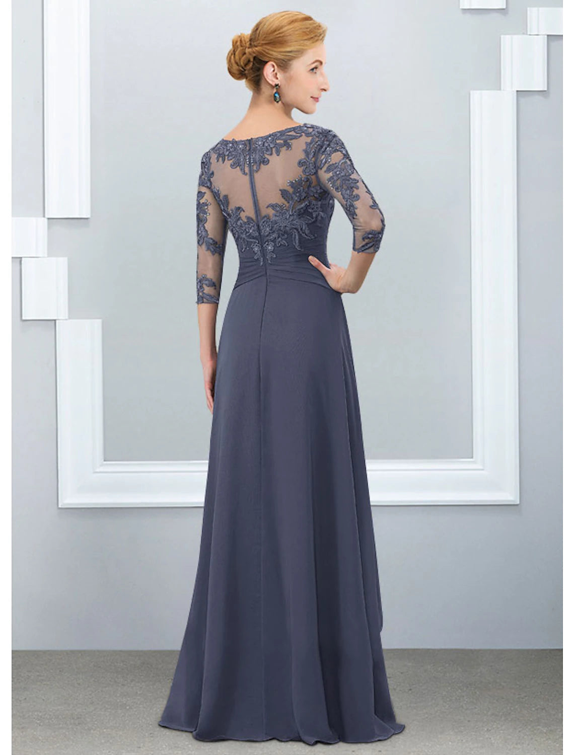 wholesale  A-Line Mother of the Bride Dress Elegant Jewel Neck Floor Length Chiffon Lace Half Sleeve with Ruffles Appliques
