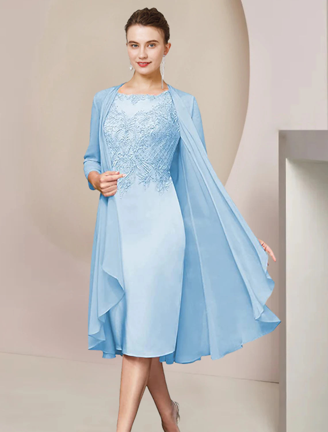 wholesale   Two Piece Sheath / Column Mother of the Bride Dress Formal Wedding Guest Elegant Scoop Neck Knee Length Chiffon Lace Half Sleeve Jacket Dresses with Appliques