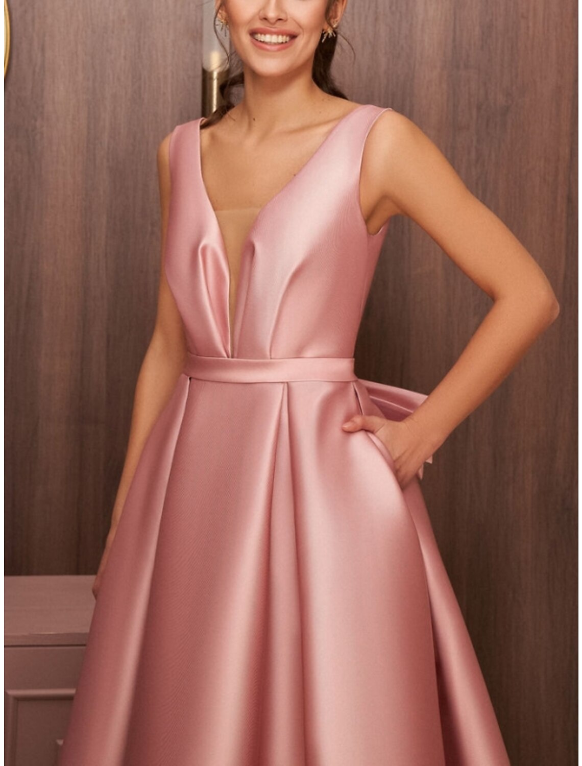 Wholesa A-Line Cocktail Dresses Elegant Dress Wedding Wedding Guest Asymmetrical Sleeveless V Neck Satin with Bow(s) Pleats