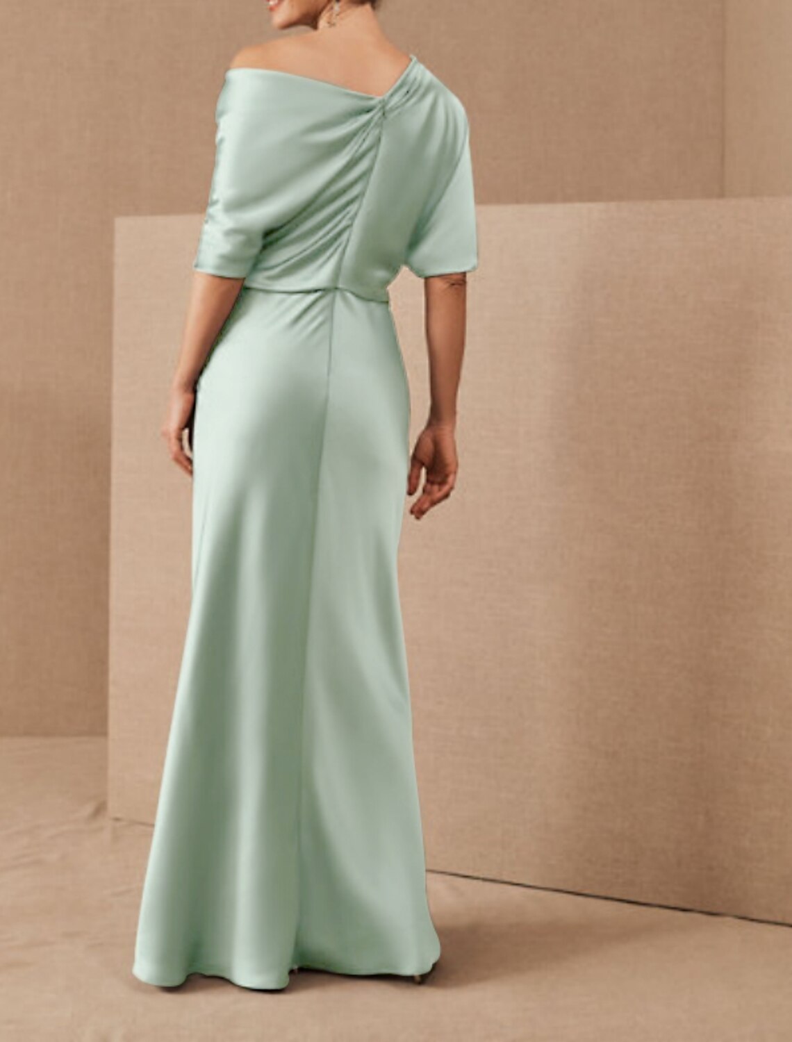 Wholesa Sheath / Column Mother of the Bride Dress Elegant One Shoulder Floor Length Charmeuse Half Sleeve with Draping