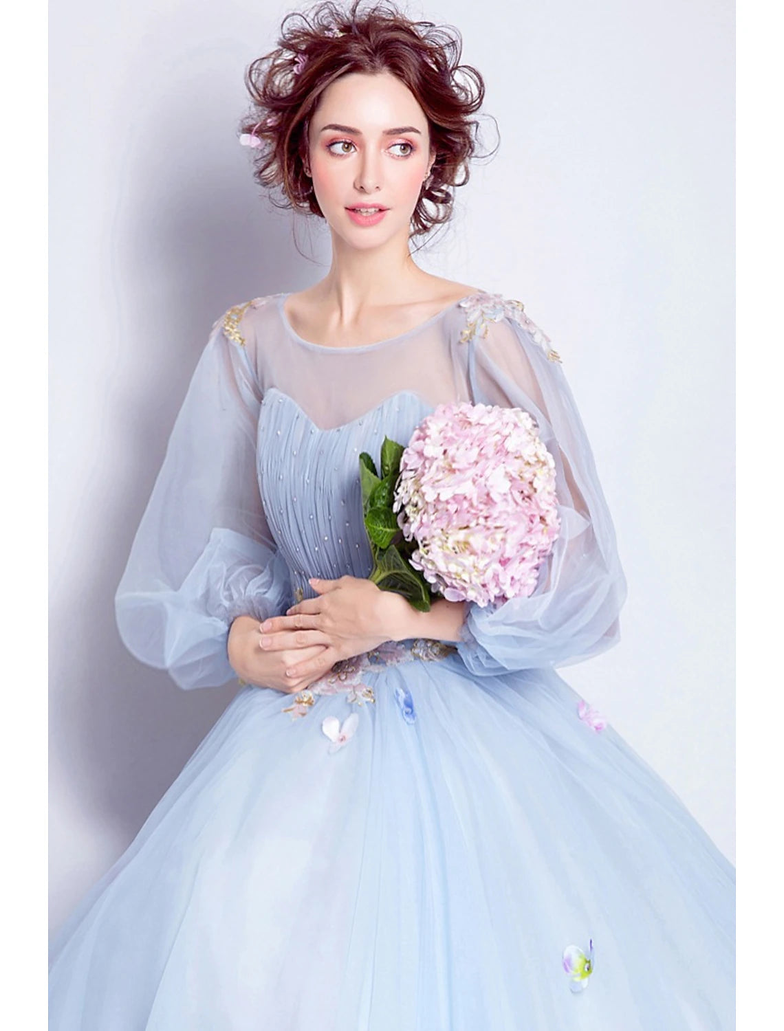 Wholesa Ball Gown Elegant Floral Puffy Quinceanera Engagement Dress Illusion Neck 3/4 Length Sleeve Floor Length Tulle with Pleats Appliques