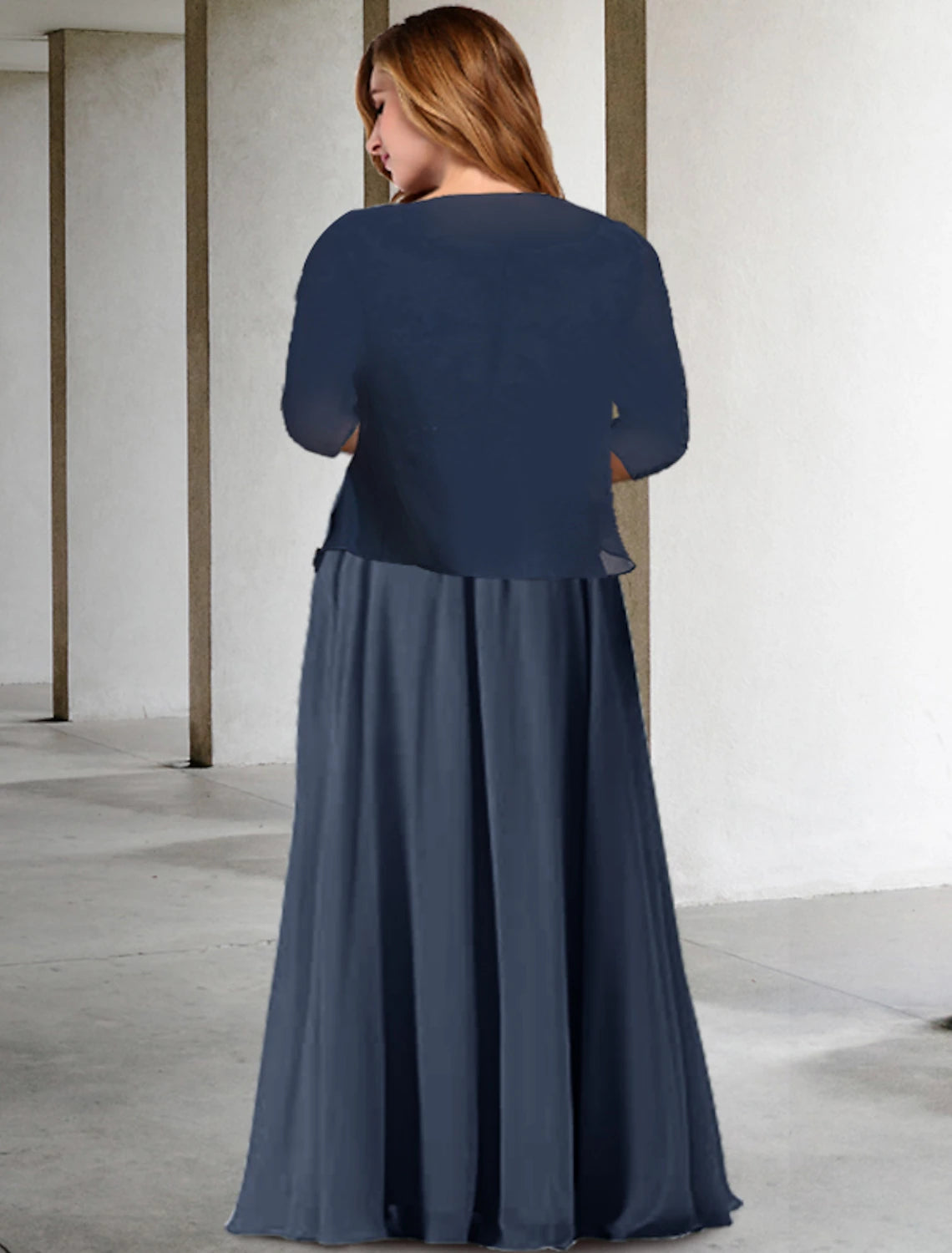 wholesale  Two Piece A-Line Mother of the Bride Dresses Plus Size Hide Belly Curve Elegant Dress Formal Floor Length Half Sleeve V Neck Chiffon with Pleats Appliques