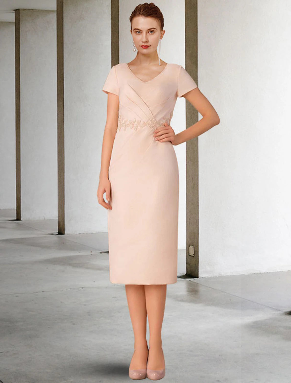 wholesale  Two Piece Sheath / Column Mother of the Bride Dress Church Elegant V Neck Knee Length Lace Stretch Chiffon Short Sleeve Jacket Dresses with Appliques Side-Draped