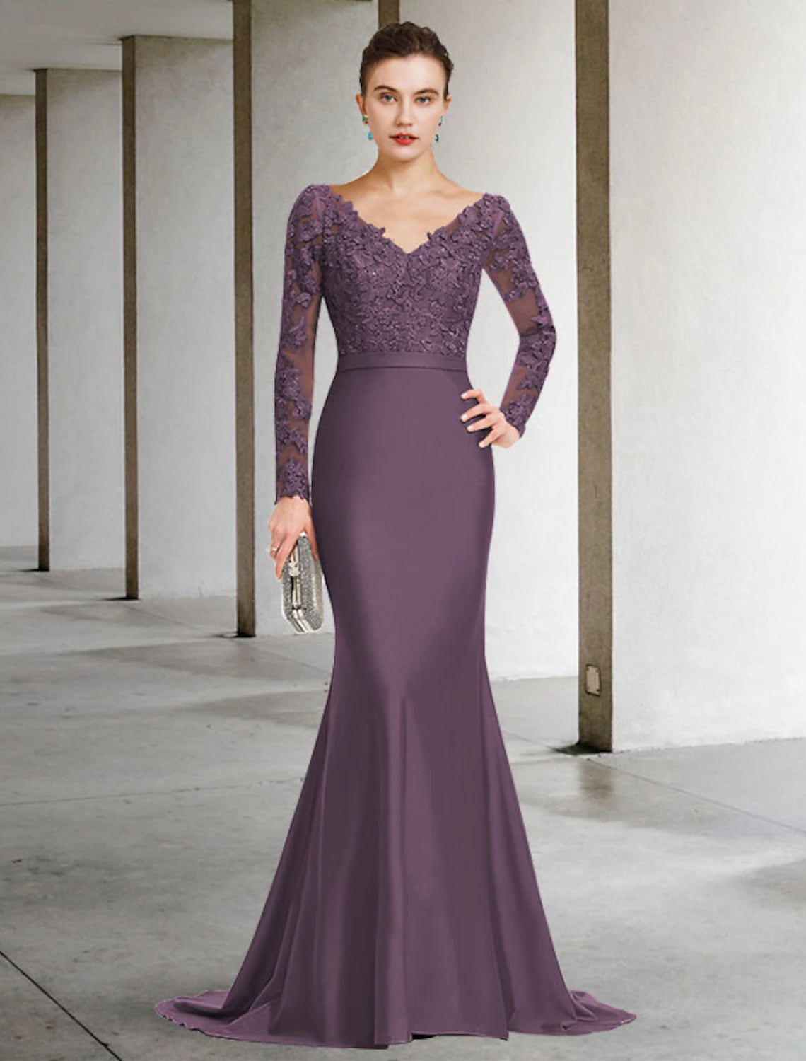 wholesale  Mermaid / Trumpet Mother of the Bride Dress Elegant V Neck Sweep / Brush Train Chiffon Lace Long Sleeve with Appliques