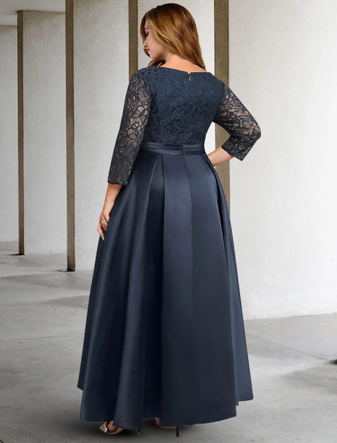 wholesale  A-Line Mother of the Bride Dresses Plus Size Hide Belly Curve Elegant Dress Formal Asymmetrical 3/4 Length Sleeve V Neck Satin with Pleats Ruched