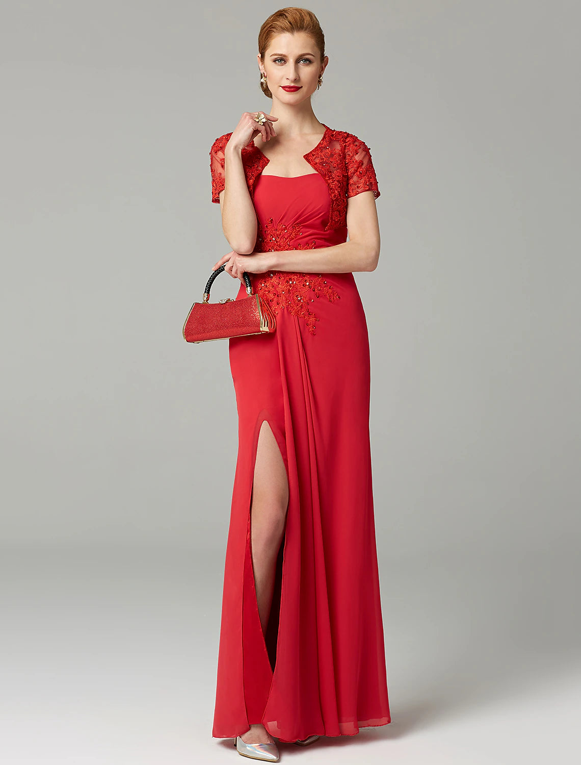 wholesale  Sheath / Column Mother of the Bride Dress Strapless Floor Length Chiffon Beaded Lace Sleeveless yes with Pleats Beading Split Front