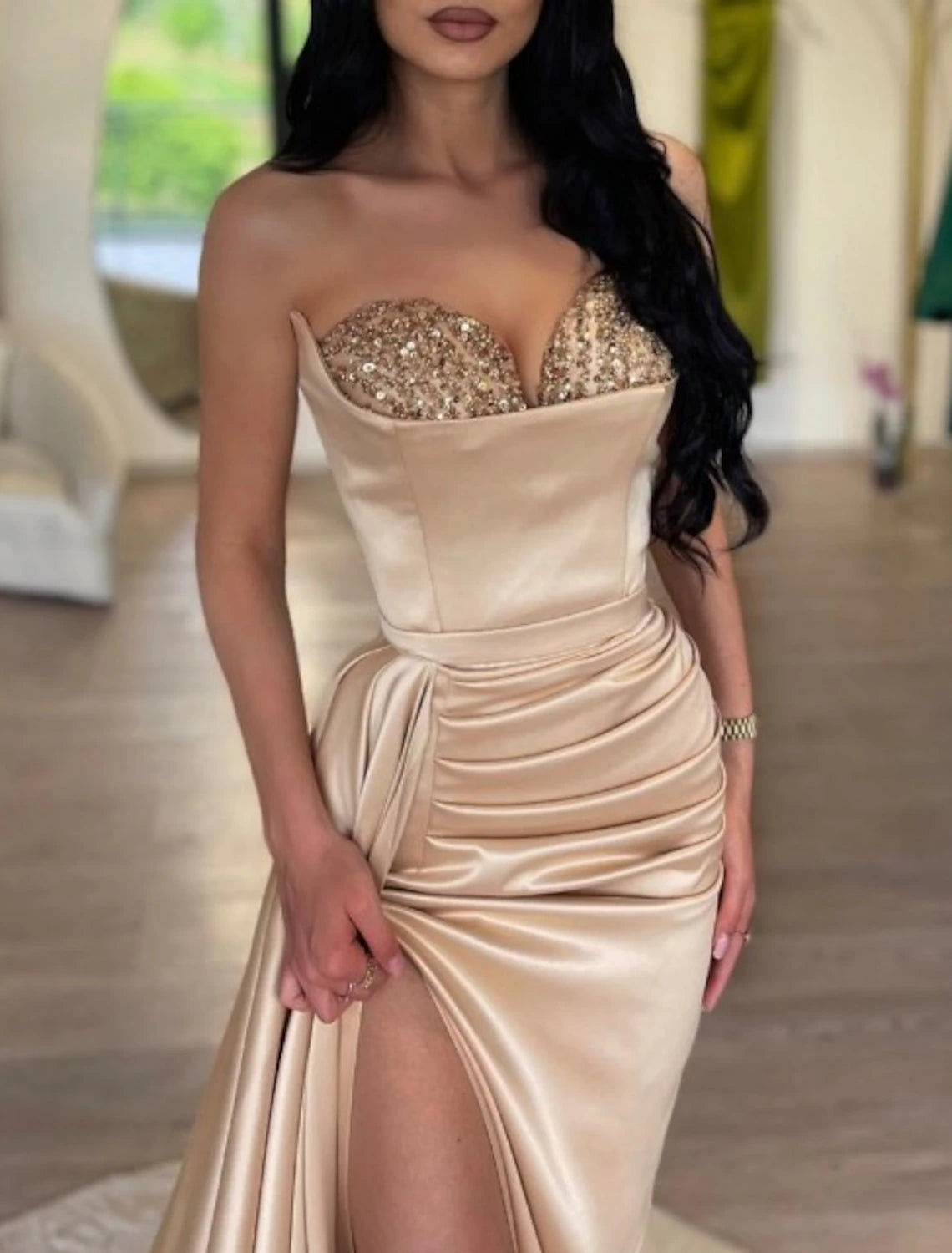 Wholesa Mermaid / Trumpet Evening Gown Sparkle & Shine Dress Wedding Holiday Court Train Sleeveless Strapless Charmeuse with Ruched Slit