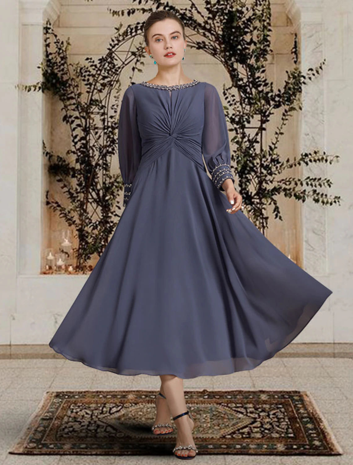 wholesale  A-Line Mother of the Bride Dress Elegant Jewel Neck Tea Length Chiffon Long Sleeve with Beading
