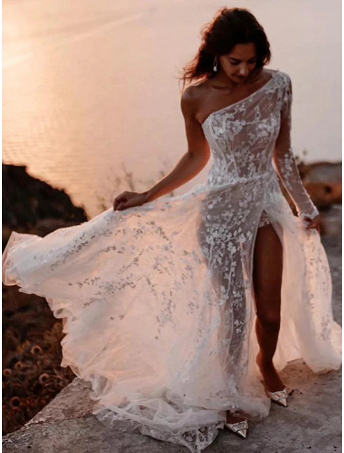 wholesale  Beach Sexy Boho Wedding Dresses A-Line One Shoulder Long Sleeve Sweep / Brush Train Lace Bridal Gowns With Split Front