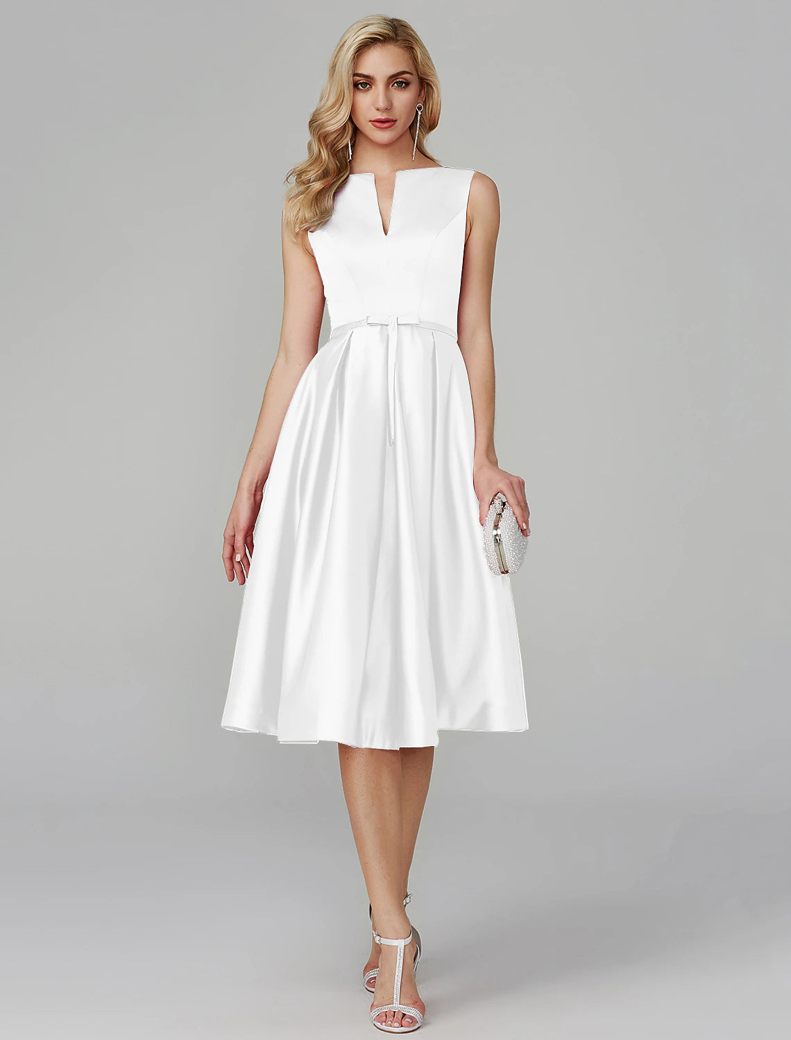 Wholesa A-Line Party Dress Wedding Guest Cocktail Party Knee Length Sleeveless V Wire Pink Dress Satin with Sash / Ribbon