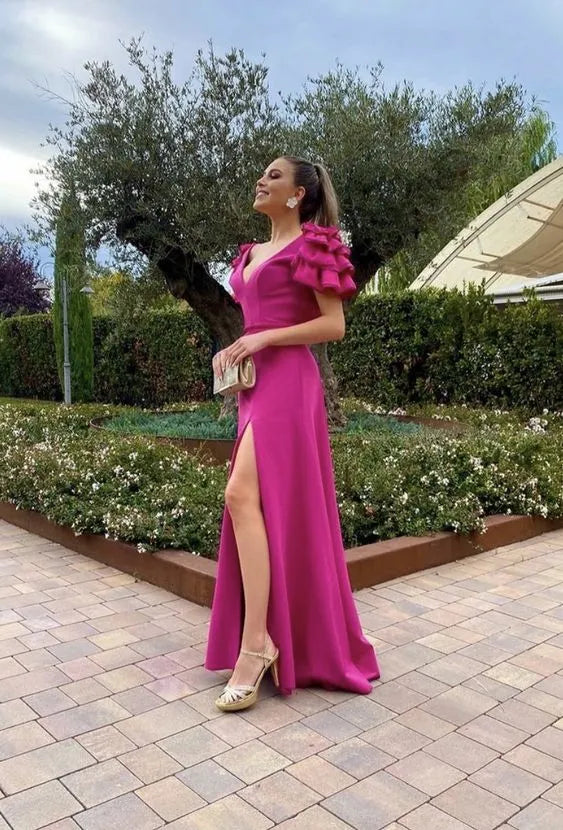 Ruffle‑Short‑Sleeve Fuchsia‑Crepe Deep‑V Open‑Back High‑Slit A‑Line Prom Dress