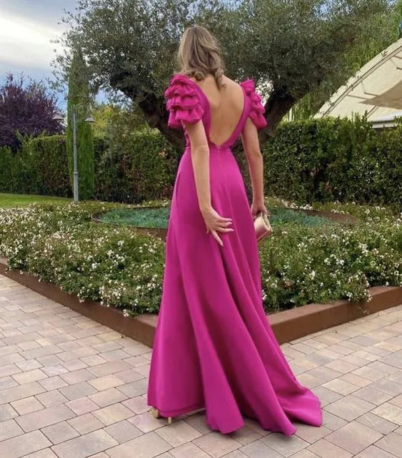 Ruffle‑Short‑Sleeve Fuchsia‑Crepe Deep‑V Open‑Back High‑Slit A‑Line Prom Dress