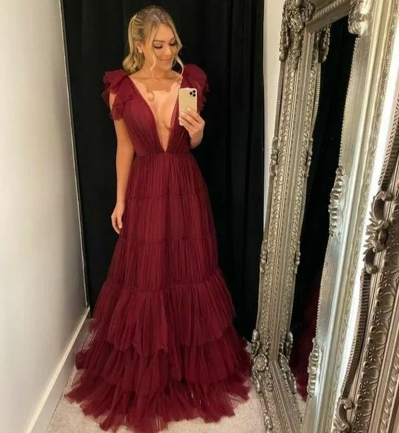 Ruffle‑Shoulder Burgundy‑Tulle Deep‑V Tiered‑Layered A‑Line Prom Dress
