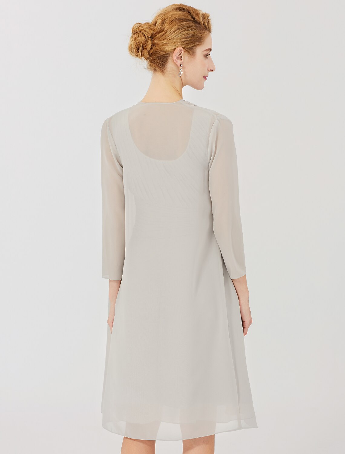 wholesale   Sheath / Column Mother of the Bride Dress Formal Classic & Timeless Elegant & Luxurious Convertible Dress Jewel Neck Knee Length Chiffon 3/4 Length Sleeve with Criss Cross Crystal Brooch