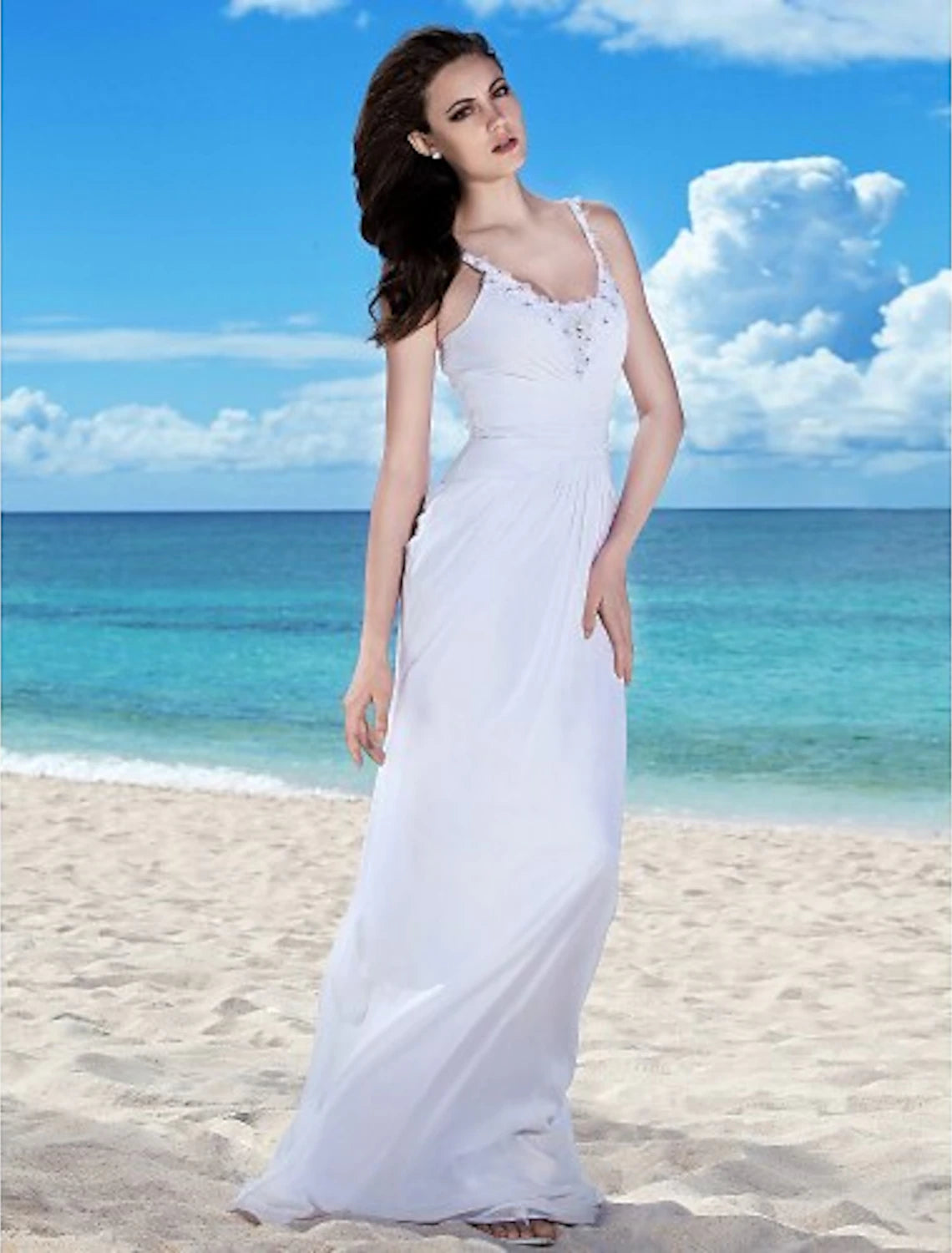 Wholesa  Beach Wedding Dresses Sheath / Column Spaghetti Strap Sleeveless Floor Length Chiffon Bridal Gowns With Ruched Beading