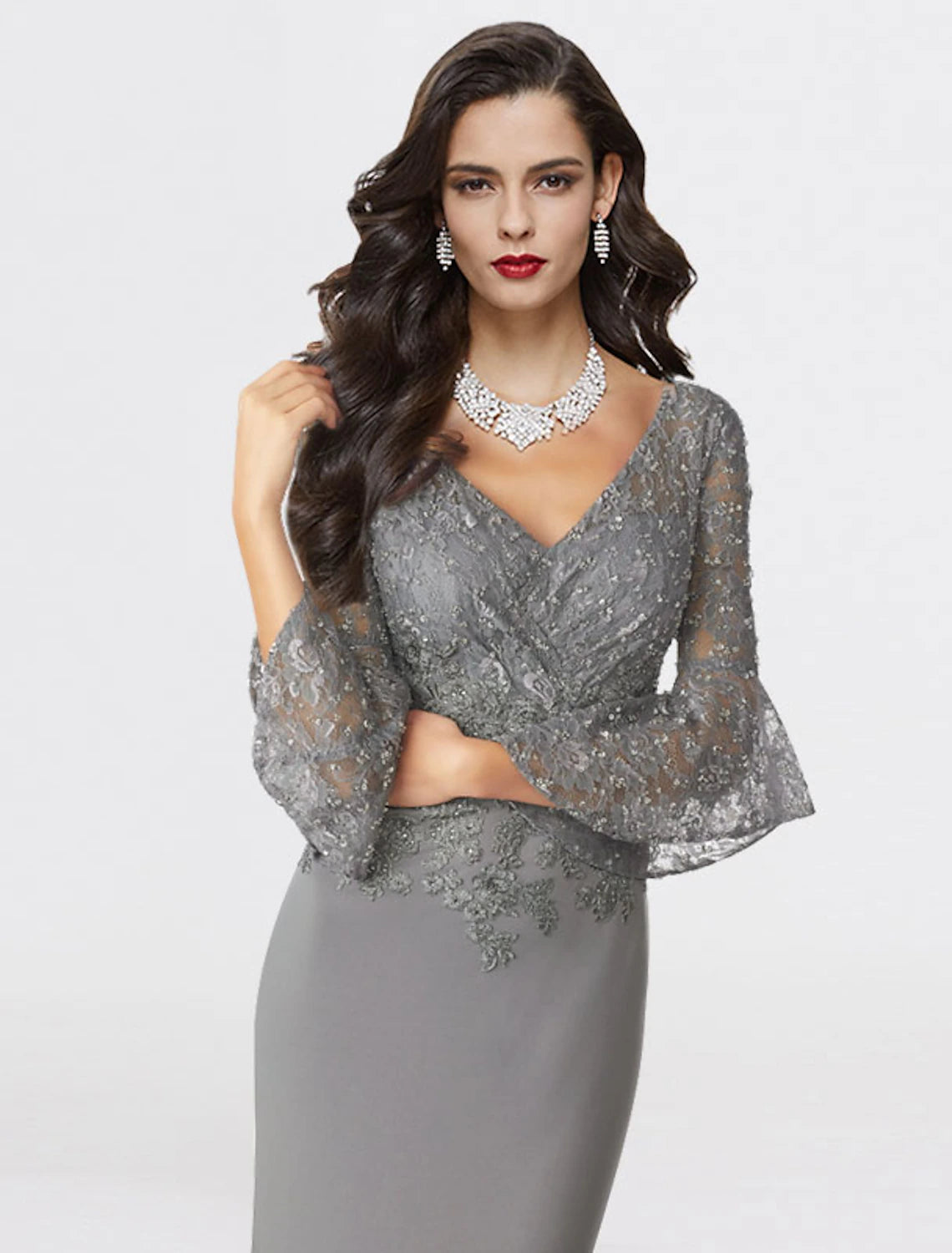 wholesale  Mermaid / Trumpet Mother of the Bride Dress Plus Size Elegant V Neck Sweep / Brush Train Chiffon Lace 3/4 Length Sleeve with Sequin Appliques