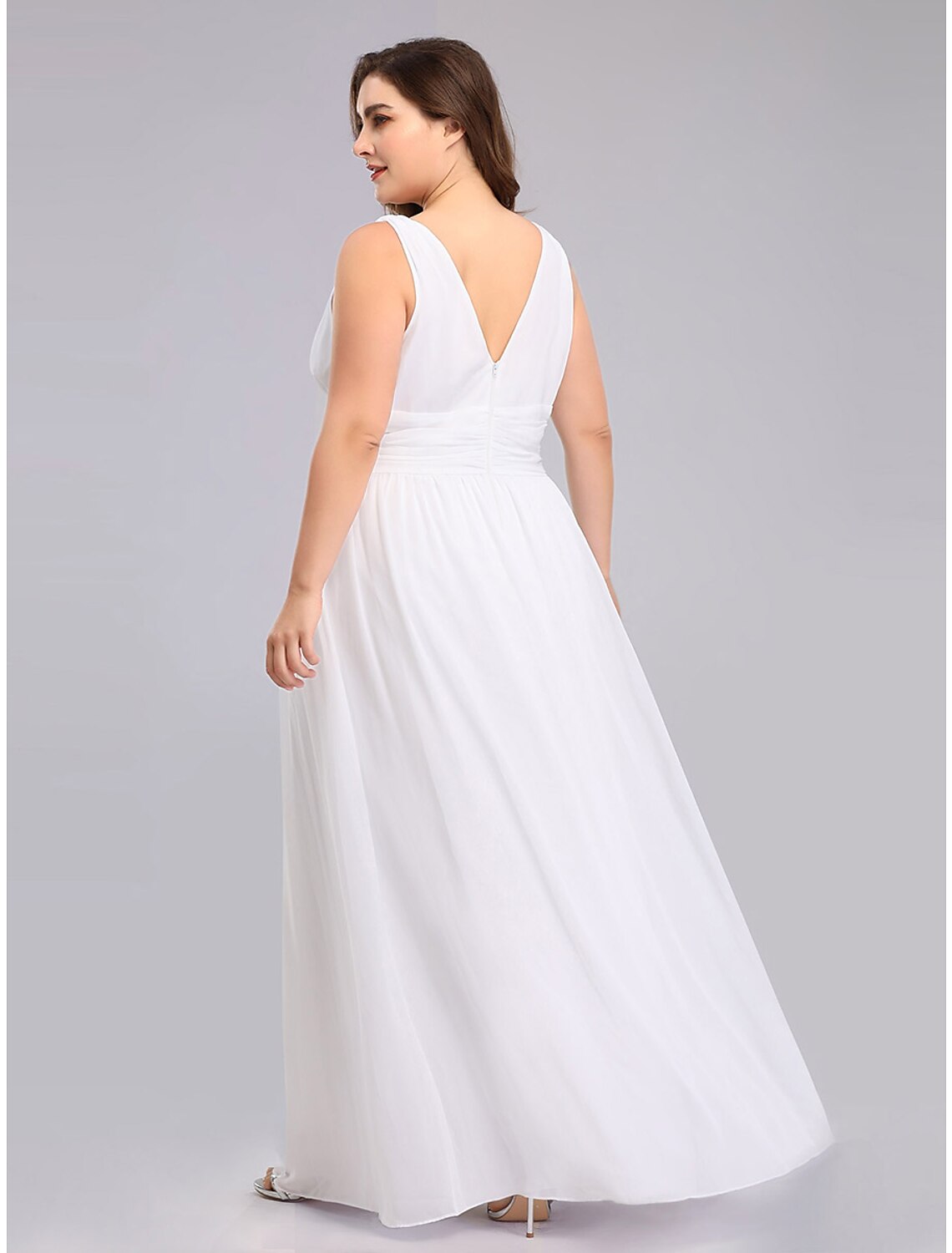 Wholesa A-Line Plus Size Wedding Guest Formal Evening Dress V Neck V Back Sleeveless Floor Length Chiffon with Pleats