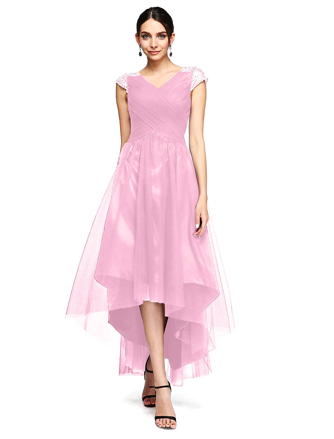 Wholesa A-Line Special Occasion Dresses Open Back Dress Wedding Guest Prom Asymmetrical Short Sleeve V Neck Tulle with Criss Cross Beading